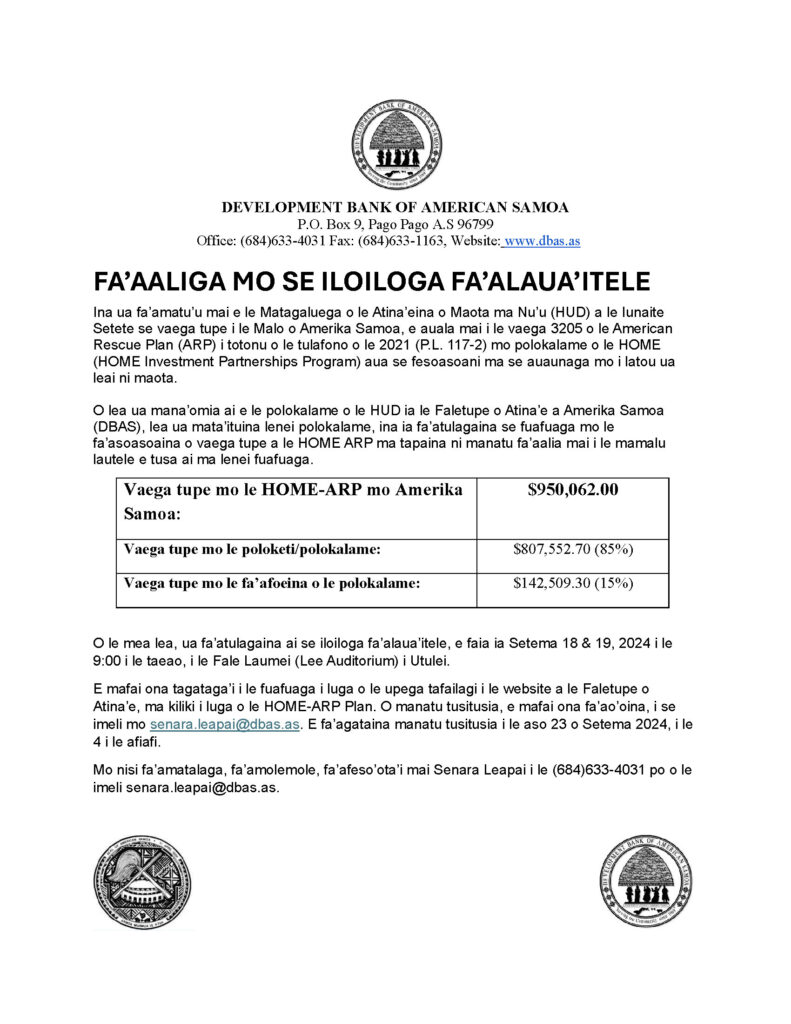 Fa'aaliga Mo Se Iloiloga Fa'alaua'itele – HOME-ARP Proposal Plan – September 3, 2024