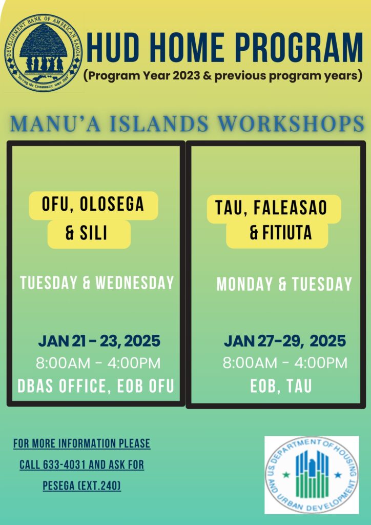 Public Announcement – HUD Program – Manua Island Workshops – January 20, 2024