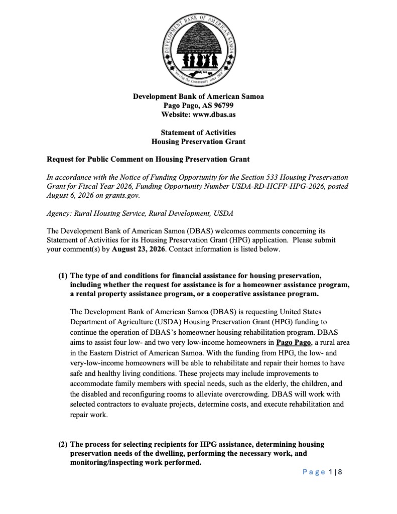 Request for Public Comment: Housing Preservation Grant (HPG) Statement of Activities